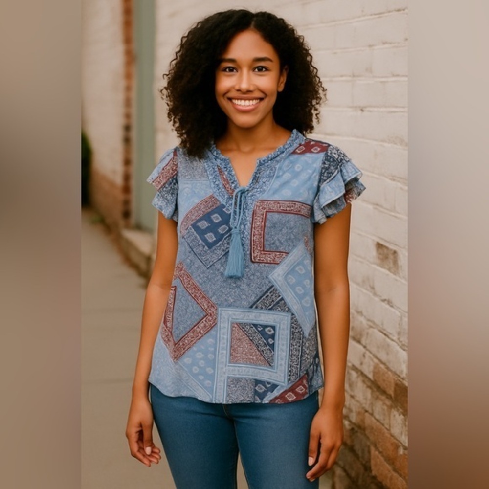 Greige Women's Blue Bandana Print Tassel Tie Flutter Sleeve Top NWT M #1855